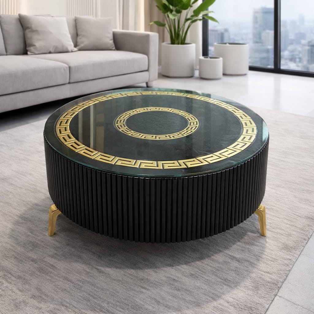Luxury Round Coffee Table|| with Gold Greek Key Design